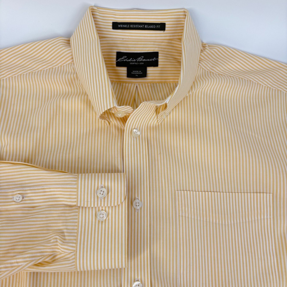 Eddie Bauer Button Down Shirt Mens Tall L Yellow Pinstripe Wrinkle Resistant